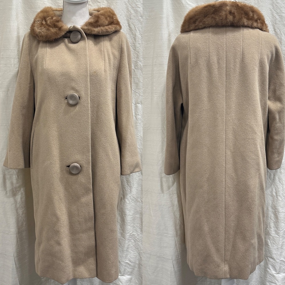 Vtg 60s Rubel Originals Wool Swing Coat Mink Fur‎ Collar Camel Tan Old Money Mod